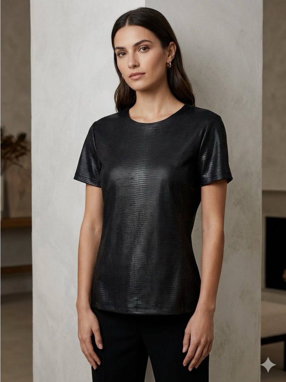 Armani Collezioni Black Short-Sleeve Textured Elevated Tee